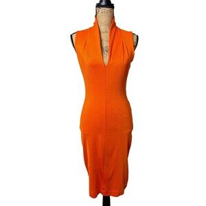Just Cavalli Orange Bodycon Midi Dress L Sleeveless Plunge Neck Italy Stretch